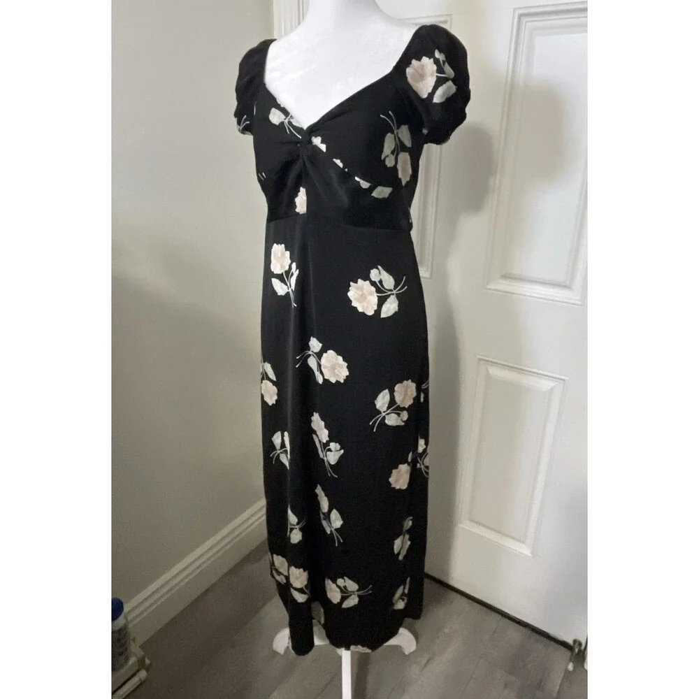 Anthropologie Saltwater Luxe Womens Black Cap Sleeve Floral Dress Medium Boho